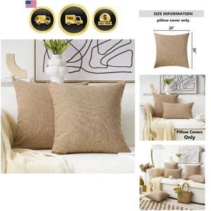 Burlap Linen Pillowcases Set 24x24 Inches Cushion Covers for Sofa Bed Home - Picture 1 of 9