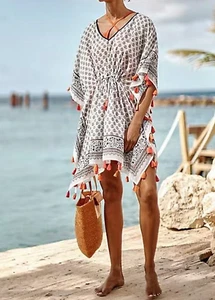 Neu mit Etikett J Jill Gr. S-L Cinched Poncho mit Quasten Baumwolle leichtes Gewicht marineblau orange pink 89 $ - Bild 1 von 10