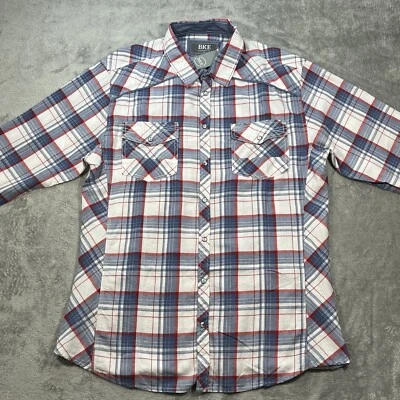 Camisa BKE Hombre XXL Azul Rojo Blanco Cuadros Manga Larga Ligera Franela Perlada Foto 1 de 4