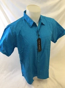 Mens TRUE ROCK Designer Shirt BLUE Woven SHORT SLEEVE shirt 1 POCKET GEOMETRIC - Picture 1 of 8