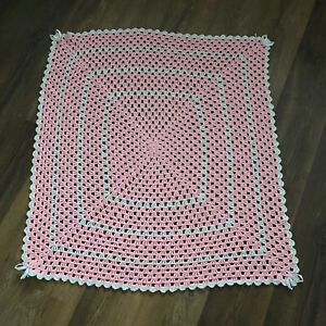 Handmade hand crochet baby blanket pink and white glitter thread