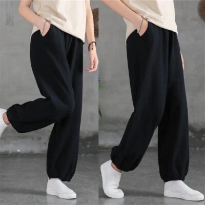 Woman Cotton Linen Pants Wide Leg Sweatpants Workout Jogger Loose Trousers - Image 1 of 4