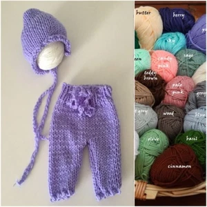 Newborn Hand Knit Pants Bonnet Hat SET for Baby Girl Boy Photo Prop Photography - Picture 1 of 2