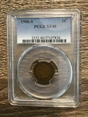PCGS XF-40 1908-S Indian Head Cent Key Date - Image 1 of 2