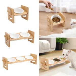 Adjustable Bamboo Stand Ceramic Bowl Dog Cat Feeder Elevated Raised Feeding Food - Picture 1 of 19
