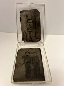 Two Antique Tin Type Photo Man Sitting Boys Standing 2x3 - Picture 1 of 6