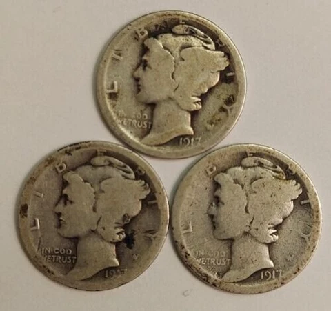 1917 P D S  set of Three Mercury Dimes 90 % Silver PDS Good G Cover