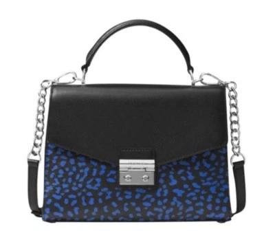 NWT Michael Kors Leopard Sloan Top Handle Electric Blue Black Satchel Crossbody - Image 1 of 4
