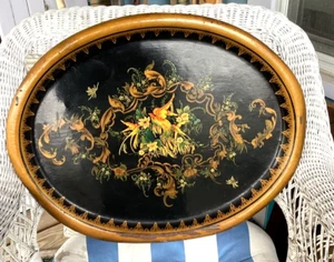 XLARGE Antique Tole Tray: French: Hand Painted Signed M Lyon - Picture 1 of 17