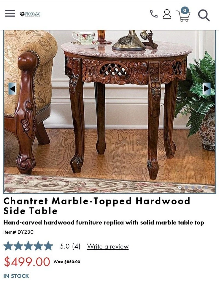 Chantret Rose Marble-Topped Carved Hardwood Side Table: DESIGN TOSCANO Furniture - Image 1 of 4