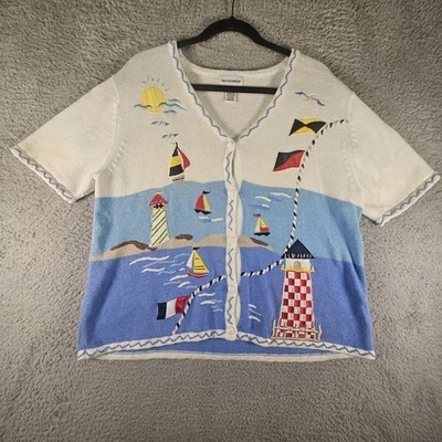 Vtg Breckenridge Sweater L AOP Sail Boat Nautical Lighthouse SS Cardigan Coastal - Image 1 of 4