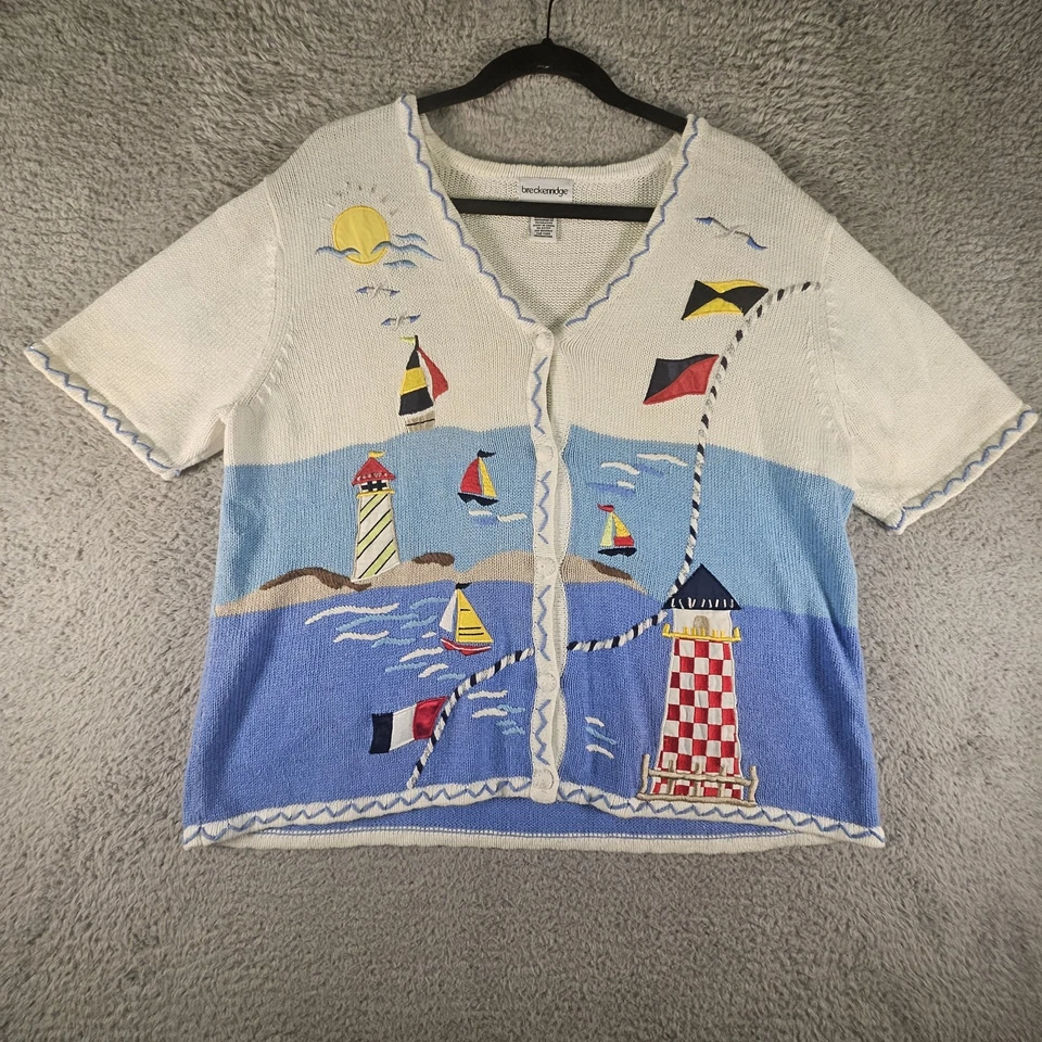 Vtg Breckenridge Sweater L AOP Sail Boat Nautical Lighthouse SS Cardigan Coastal - Image 1 of 4