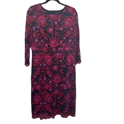 Adrianna Papell Sheath Dress Pink Black Floral Embroidered Zip 3/4 Sleeve Sz 10  - Image 1 of 4