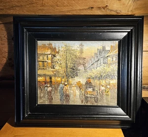 Paris Eiffel Tower Street Scene Framed Oil Artist Unknown - Picture 1 of 7