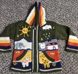 Hand Knit Cardigan Sweater 12-18 Months Zip Up Hooded Whimsical Fairy Animals - Picture 1 of 10