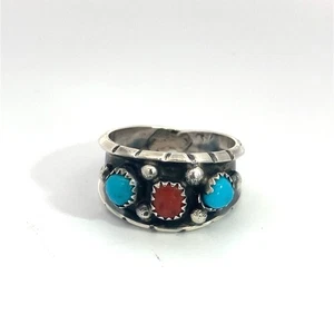 Sterling Silver Turquoise Red Coral Milton Lasiloo Zuni Ring - Picture 1 of 5