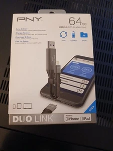 PNY Duo Link 4 64GB USB 3.0 OTG Flash Drive for iPhone & iPad Sealed. - Afbeelding 1 van 5