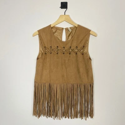 Raga Anthropologie Suede Fringe Vest Small Lace Up Boho Festival Sleeveless Top - Image 1 of 4