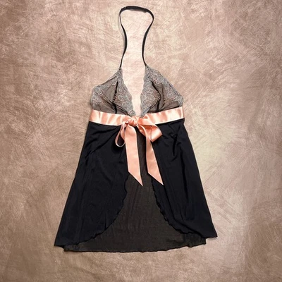 Victoria's Secret Vintage Negro Babydoll Frente Abierto Lencería Halter Top Encaje Y2K Foto 1 de 4