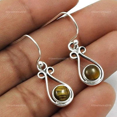 Sacrale Chakra di Tigre Occhio Gemma 925 Massiccio Argento Pendente Orecchini - Immagine 1 di 4