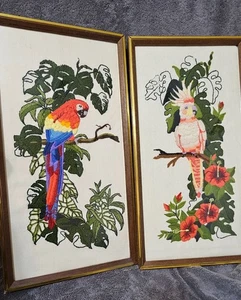 Vintage Paar 70er Jahre Stickerei Handarbeit gerahmt Vögel Papagei Kakadu - Bild 1 von 16