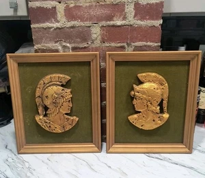 Pair Vintage CHALKWARE Neo Classical Bust Sculpture Roman Soldier Framed - Picture 1 of 3