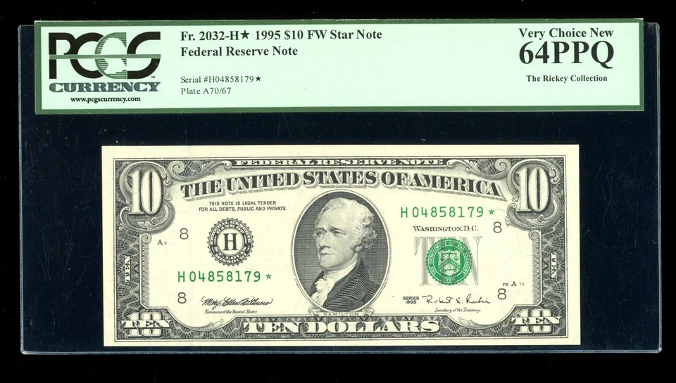 DBR 1995 $10 FRN St. Louis STAR Fr. 2032-H* PCGS 64 PPQ Serial H04858179* - Image 1 of 2
