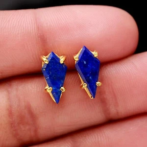 Lapis Lazuli Kite Shape Stud Earrings Solid Silver Gold Plated Jewelry For Lover - Picture 1 of 10