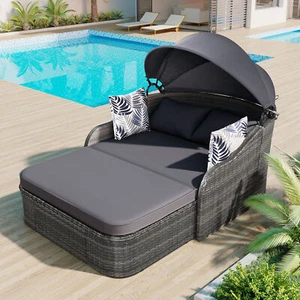 GO 79.9" Outdoor Sunbed with Adjustable Canopy, Double lounge, PE Rattan Daybed, - Picture 1 of 12