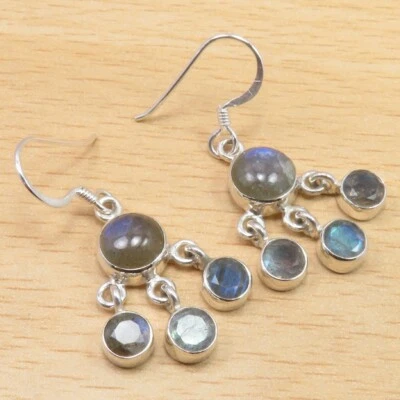 925 Stamp Sterling Silver LABRADORITE Earrings 1.4" Designer Jewellery Images - Image 1 of 2