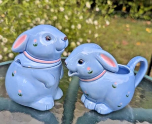 Adorable Vintage Otagiri Japan Blue Floral Bunny Creamer & Sugar Bowl Set READ - Picture 1 of 20