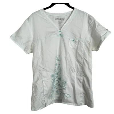 Grey's Anatomy White Teal Stitching Medical Scrub Top Size M - Image 1 of 4