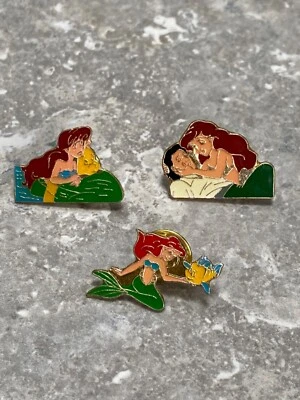 3 DISNEY LITTLE MERMAID PIN BADGES ARIEL AND ERIC AND ARIEL AND FLOUNDER - Image 1 of 2