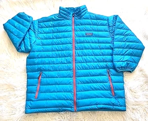Patagonia 84673 AQUA BLUE/ORANGE Goose Down Puffer Sweater Jacket Men's XL EUC - Picture 1 of 11