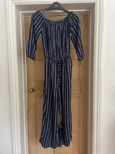 Hollister: Women's Blue White Striped Jumpsuit - 3/4 Sleeve off Shoulder: Size S - Picture 1 of 9