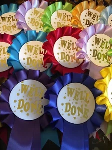 10 X 1 Tier Well Done Rosettes with Gold Print in quality single faced satin - Picture 1 of 8