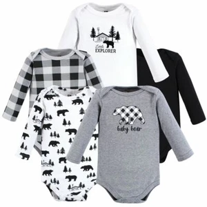 Hudson Baby Cotton Long-Sleeve Bodysuits, Baby Bear Gray Black 5-Pack - Picture 1 of 7