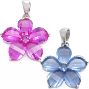 925 Sterling Silber 6,35 Karat Rosa oder Blau CZ Blume Anhänger - Bild 1 von 9