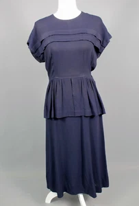 Vintage Damen 40er Jahre marineblau Rayon Kleid mit Schößchen 1940er Jahre Gr. M - Bild 1 von 11