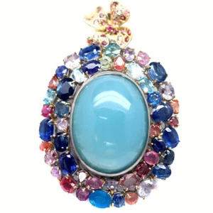 Gemstone Aqua Blue Aquamarine, Kyanite, Sapphire,.. Brooch/Pendant 925 Silver - Picture 1 of 4