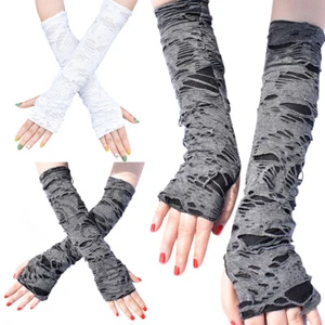 Halloween Broken Slit Long Gloves Black Ripped Holes Cosplay Fingerless Gloves - Picture 1 of 11