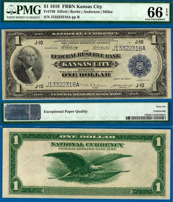 1918 $1 National Currency PMG 66EPQ - 2nd Finest - FRBN Kansas City - Fr 738 - Image 1 of 4