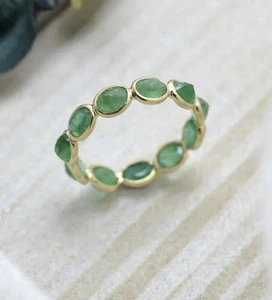 Natural Emerald Band Solid 18kt Yellow Gold Ring May Birthstone Classic Band - Picture 1 of 3