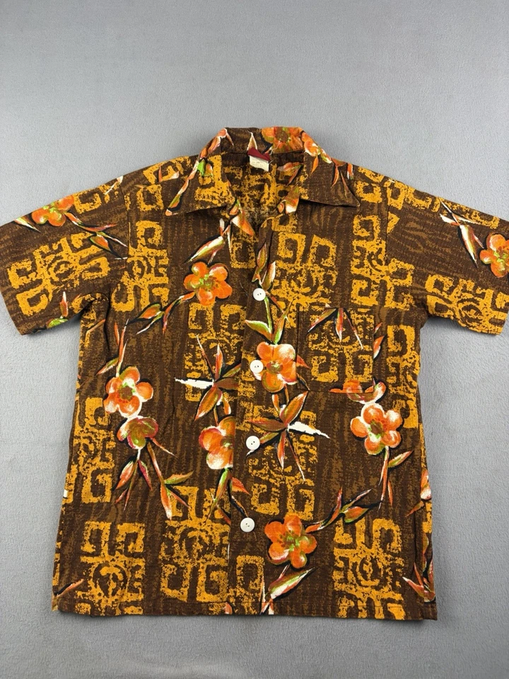 Camisa hawaiana vintage Sears Kings Road para hombre mediana tela de corteza algodón floral años 70 Foto 1 de 4