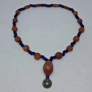 ANTIQUE CHINESE CORNELIAN & COBALT BLUE PEKING GLASS BEADS LUCKY COIN NECKLACE - Picture 1 of 9