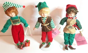Paradise Galleries Santa's Elves 3 Porcelain Elf Dolls with Stands - Picture 1 of 11