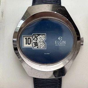 Vintage Elgin Automatic Jump Hour Mechanical Watch Blue Silver Tone - Runs - Picture 1 of 7