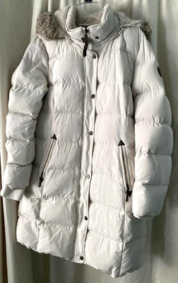 Abrigo largo acolchado Lauren Ralph Lauren blanco crema para mujer mediano de piel sintética con capucha Foto 1 de 4