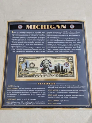History of Michigan ~ Enhanced Colorized GENUINE $2 Two Dollar Bill - Image 1 of 2