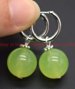 Natural New 14mm Green Peridot Round Gemstone Beaded Silver Leverback Earrings - Picture 1 of 12